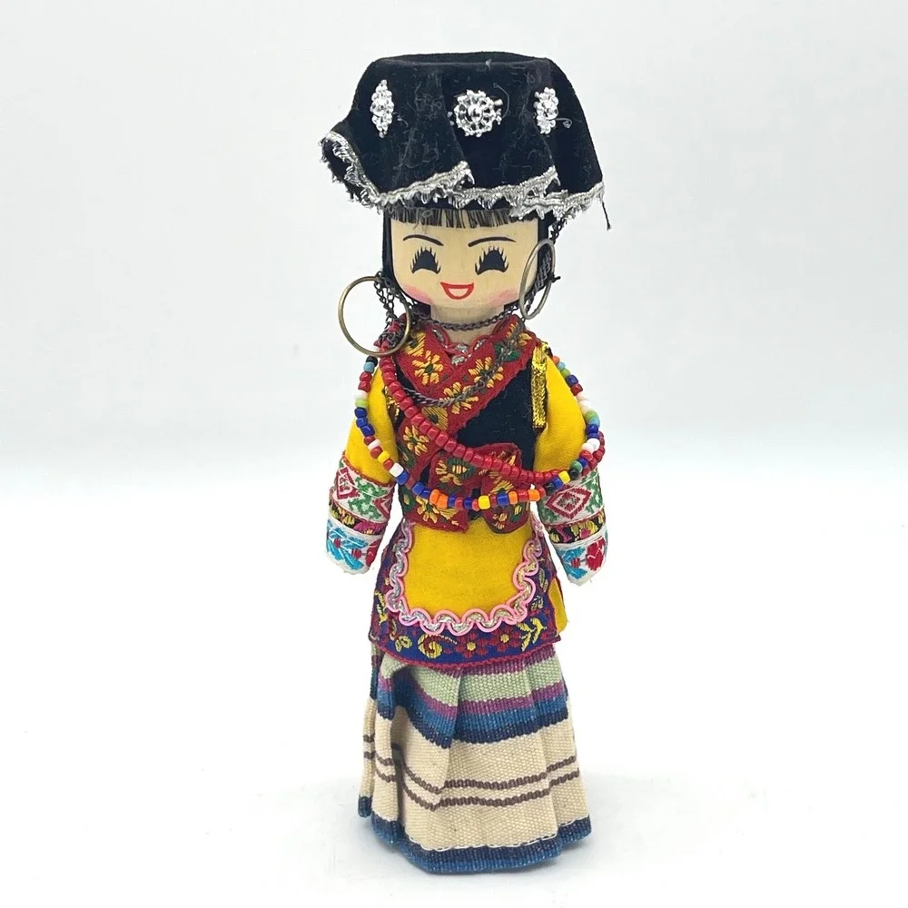 Vintage Chinese Yi Minority Ethnic Doll Hand Painted Wood‎ Traditional Costume